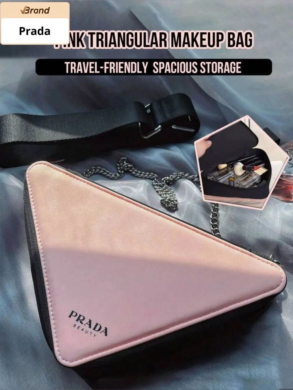 New Arrivals! Prada Beauty Pale Pink & Black Triangular Cosmetic Case .